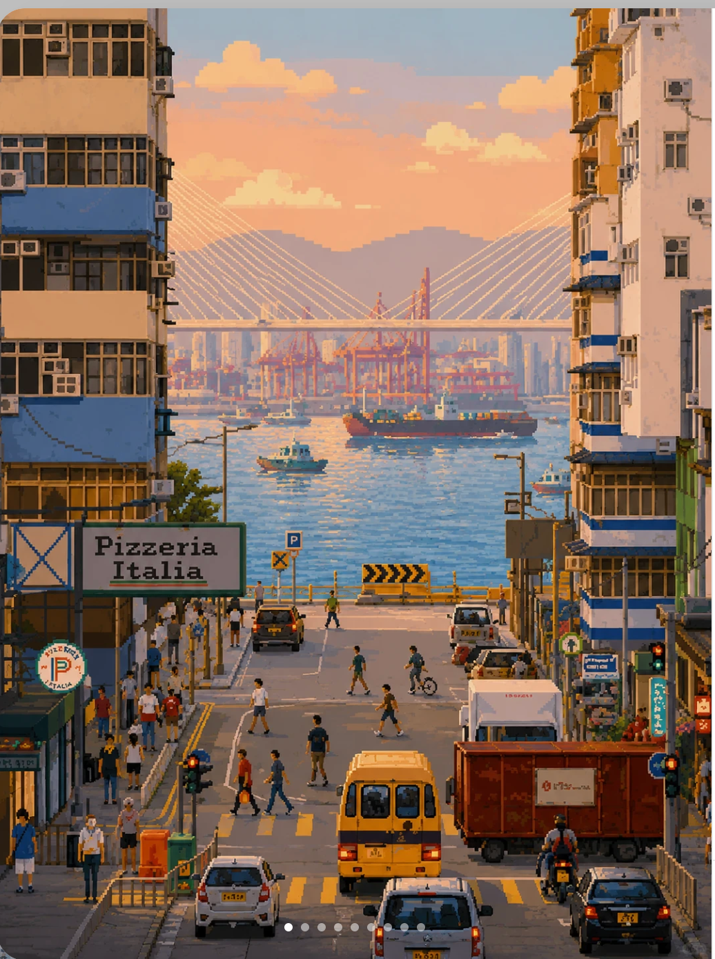 夕阳橙色天空与港湾蓝色海面之间，一条老香港街道通向海边